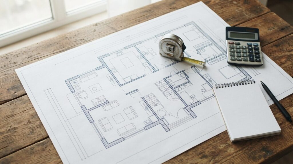 Close-up overhead view of a residential floor plan blueprint
