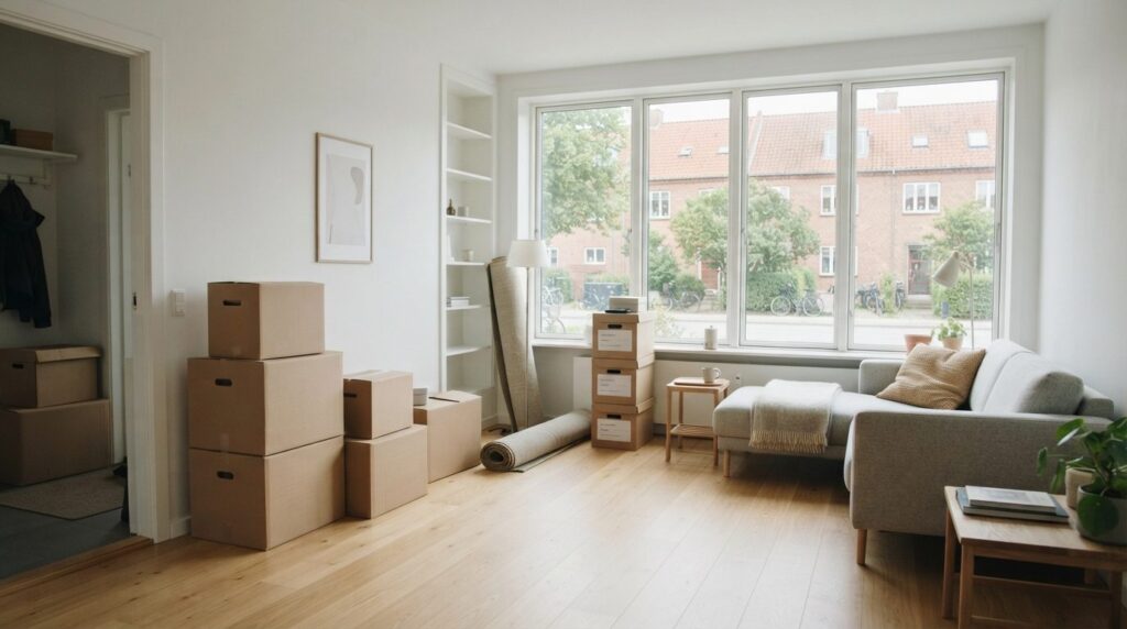 Interior shot of a bright, modern apartment living room with