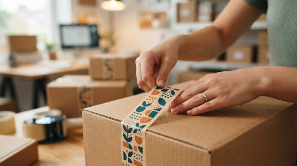 Close-up of hands carefully wrapping a cardboard box with cu