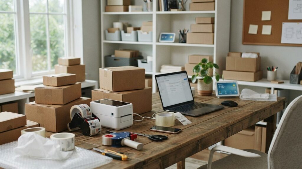 Organized home office shipping station with stacked branded 