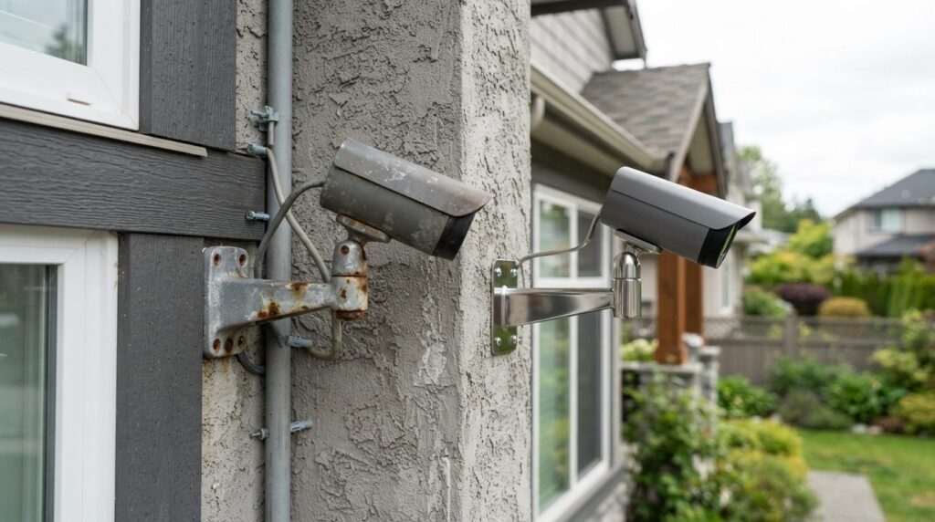 Modern smart home outdoor installation scene showing a weath