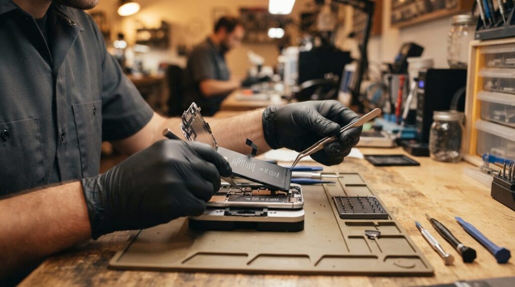 Close-up of a technicians hands carefully replacing an iPho