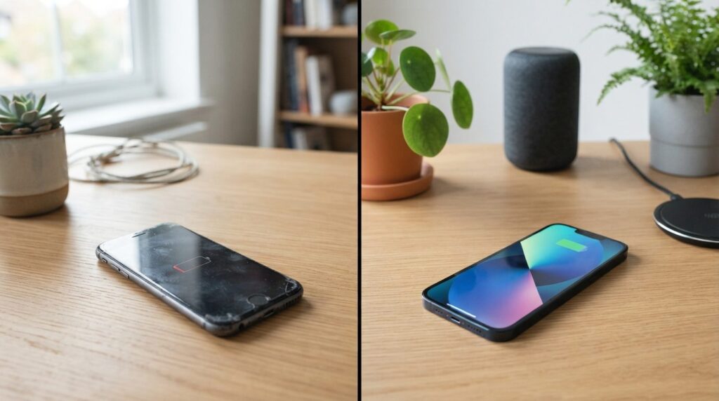 Split-screen composition showing a degraded smartphone with