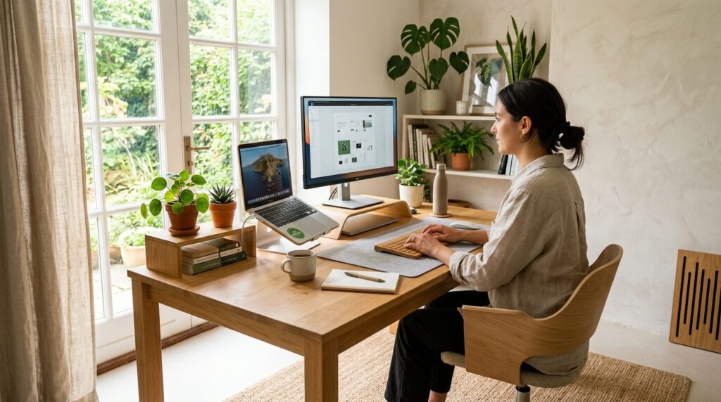 Sustainable home office workspace featuring a refurbished la
