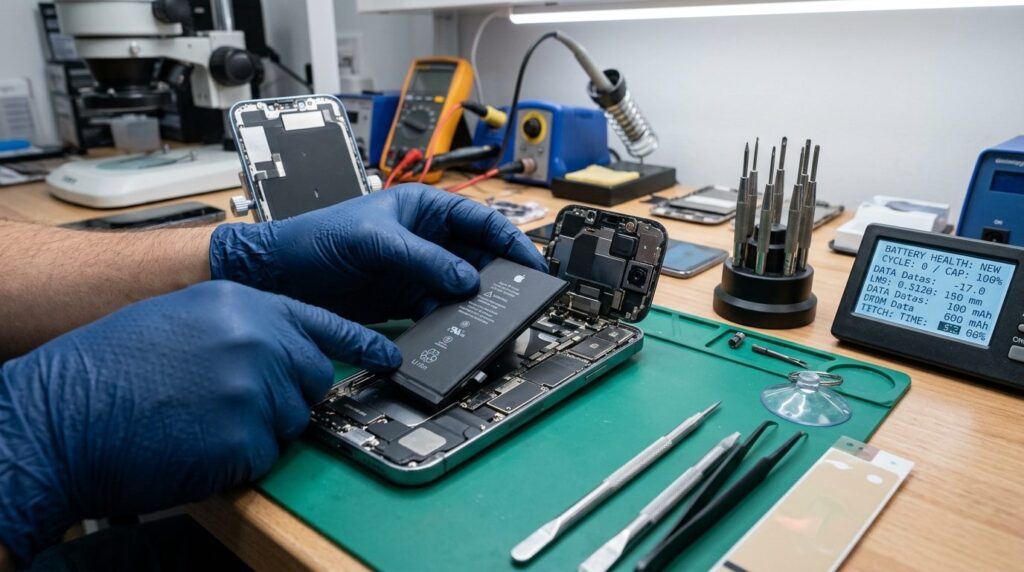 Close-up macro photography of an iPhone battery being replac
