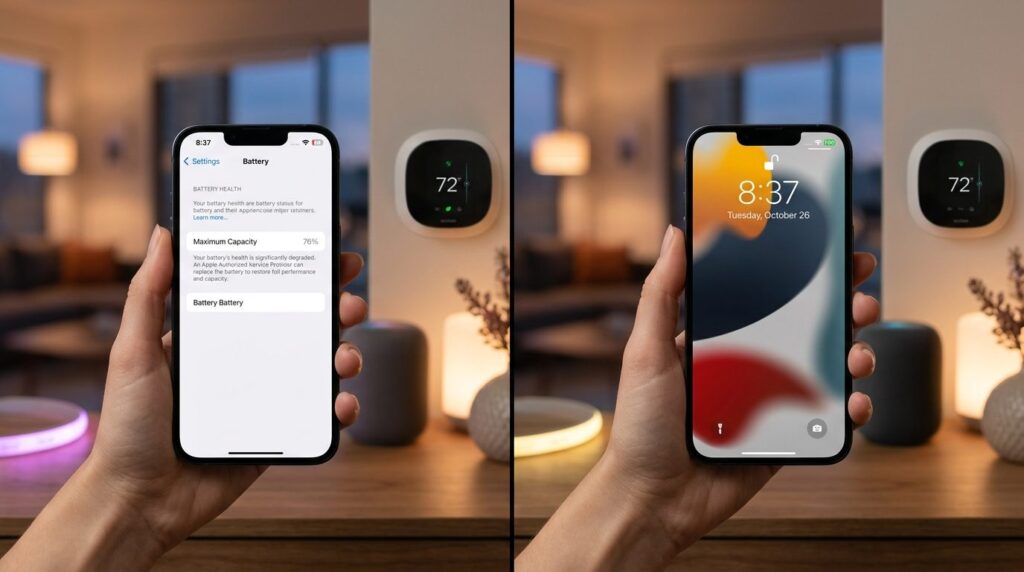 Split-screen composition showing a degraded iPhone battery s