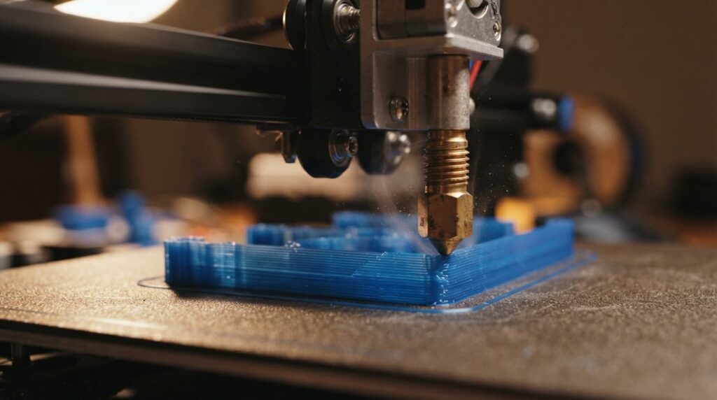 Close-up detail shot of 3D printer extruder nozzle printing