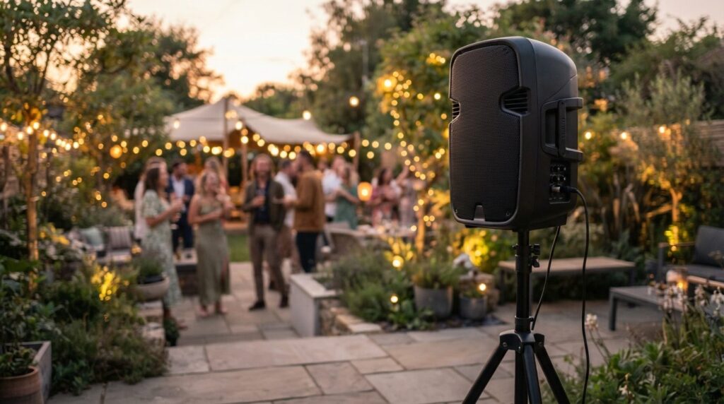 Close-up of professional portable rented loudspeaker on trip