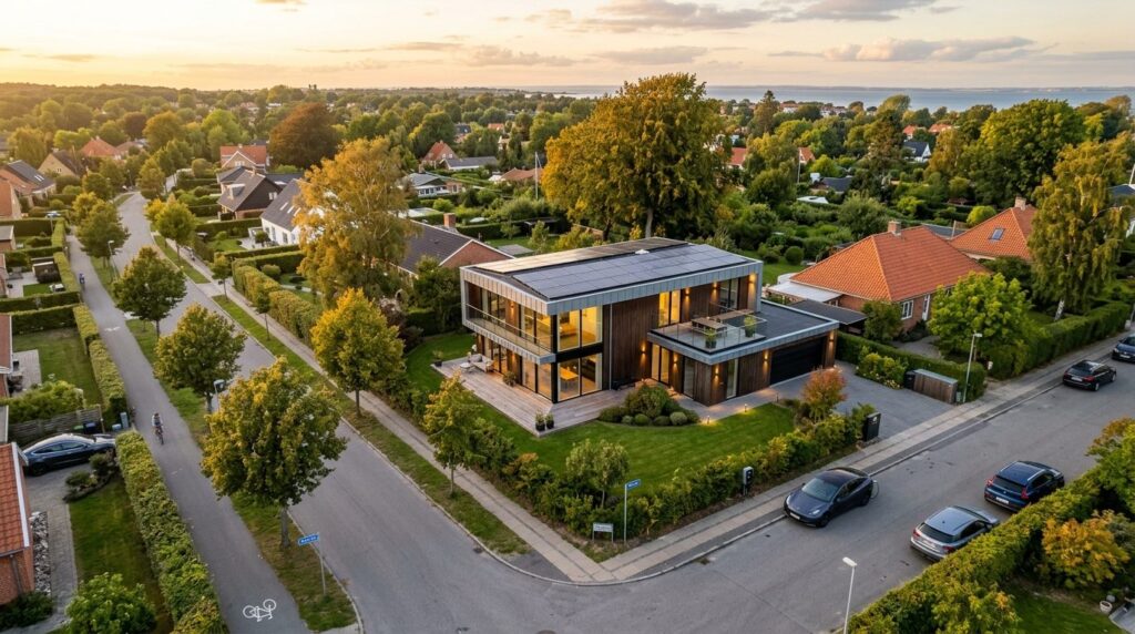 Aerial exterior view of a contemporary single-family home in