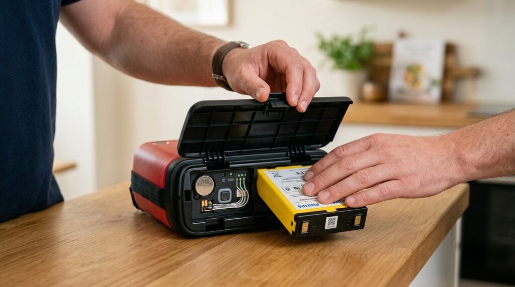 Close-up photorealistic shot of a hand opening an AED defibr