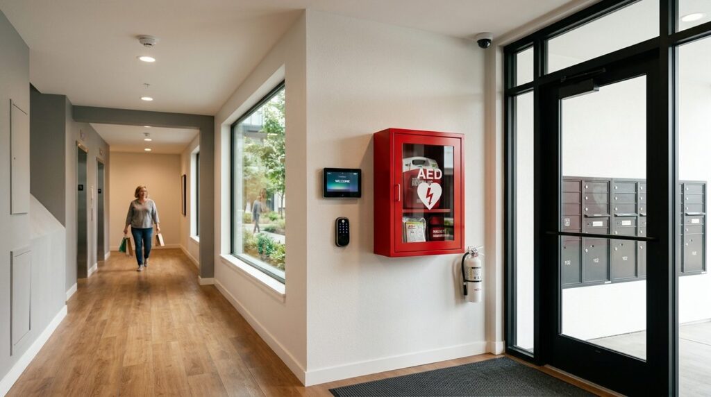 Photorealistic image of a residential building entrance hall