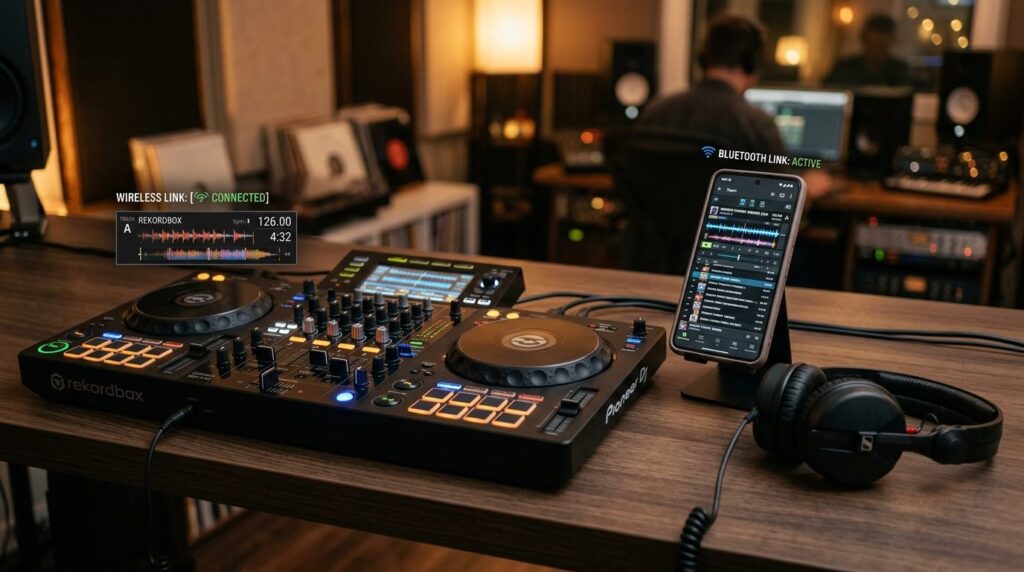 Close-up of professional DJ equipment with wireless connecti