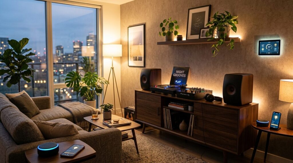 Modern smart living room with integrated DJ audio system: co
