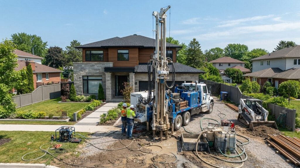 Professional photorealistic image of deep borehole drilling