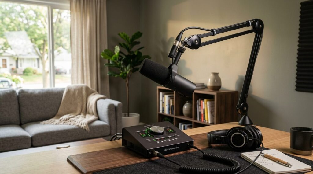 Close-up of professional audio equipment and microphone setu
