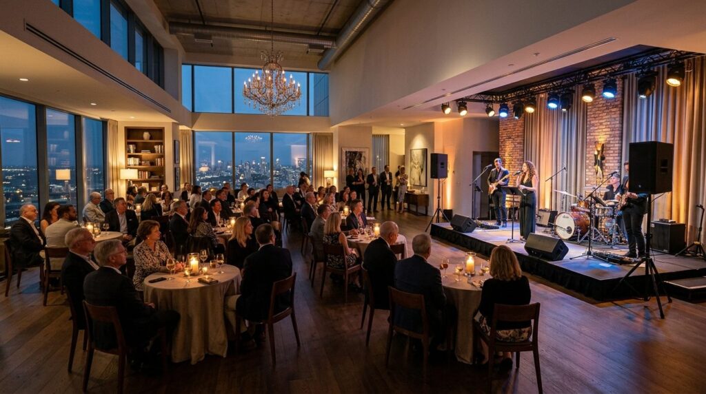 Wide shot of a spacious apartment venue with small live band