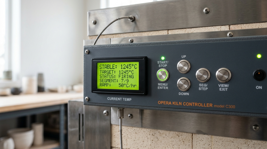 Close-up detail of ceramic kiln digital thermostat and contr