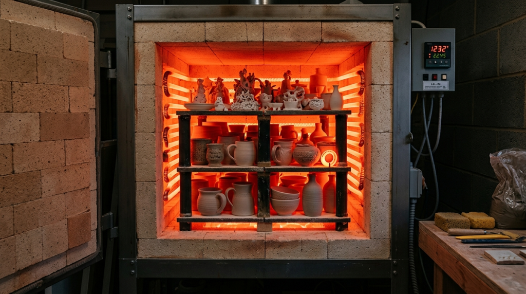 Interior view of ceramic kiln during firing process with mul