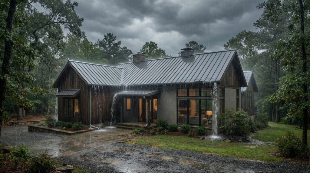 Wide establishing shot of contemporary family home with meta