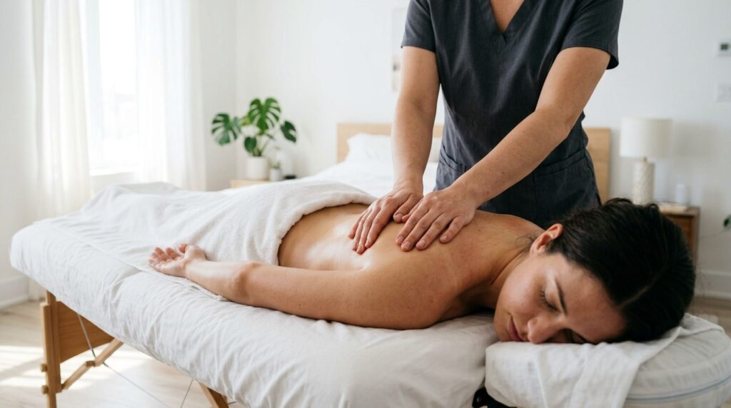 Close-up photorealistic image of a massage therapists hands