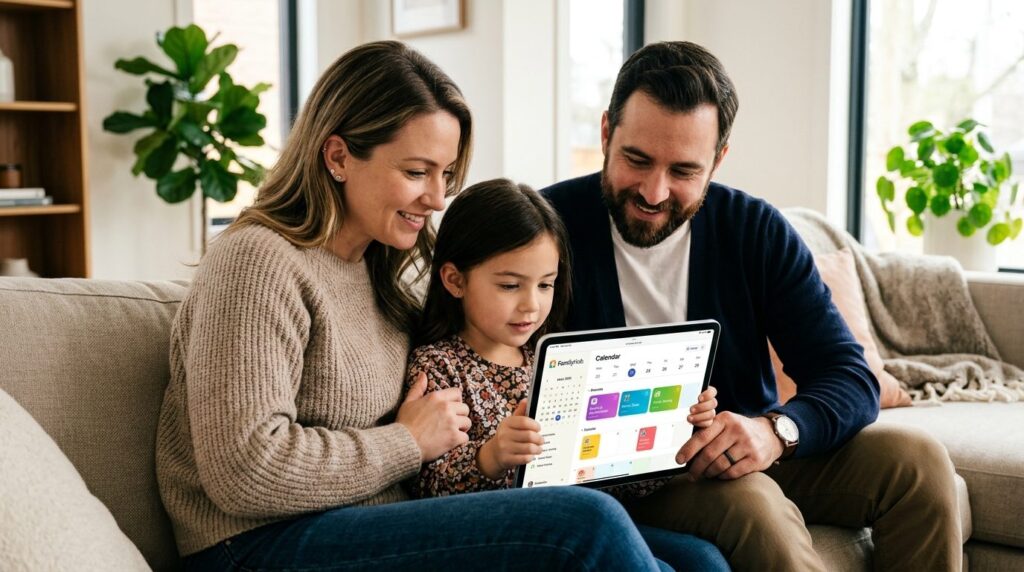 Close-up photograph of two parents and a child sitting toget