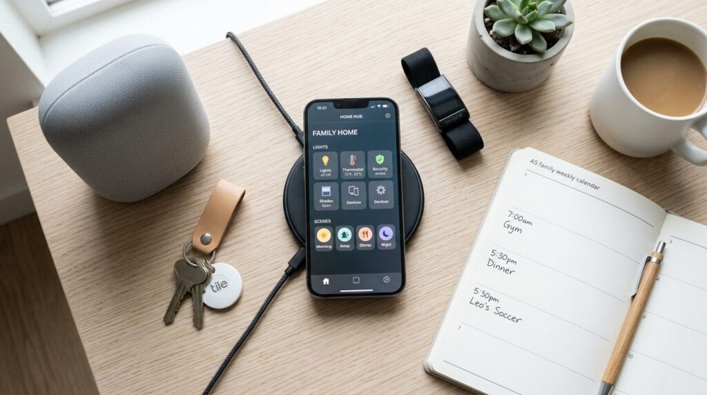 Overhead flat-lay photograph of a smart home control panel i