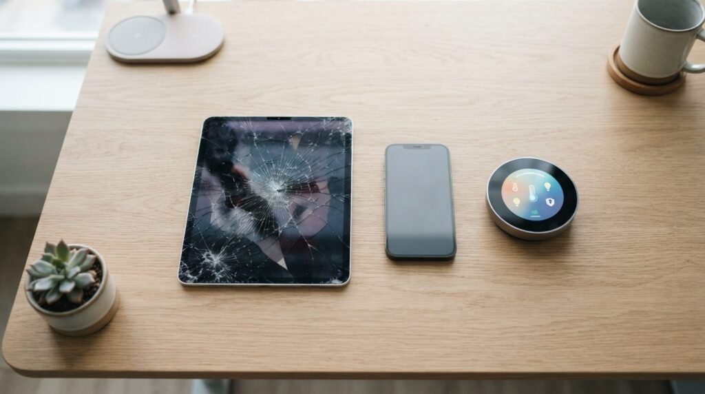 Flat lay professional photograph of a damaged iPad with a vi