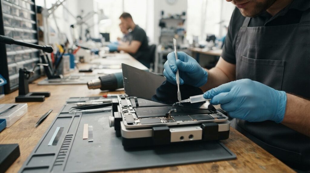 Professional technician using precision tools and adhesive t