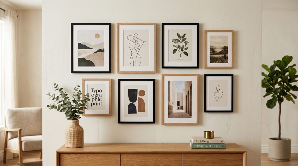 Close-up detailed view of a living room wall showing multipl