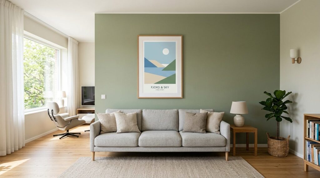 Wide angle shot of a bright Scandinavian living room interio