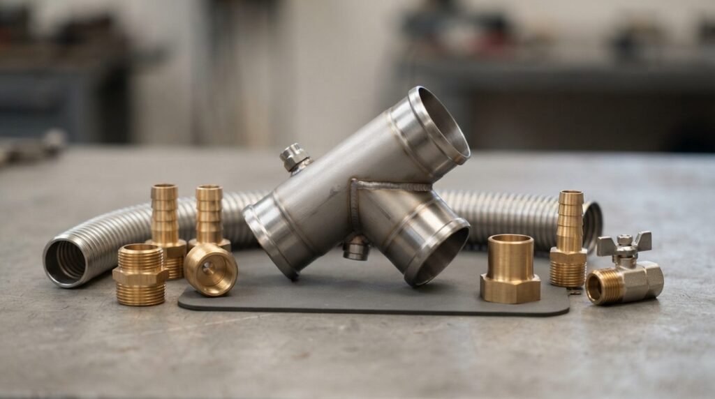 Close-up product photography of stainless steel Y-fittings a