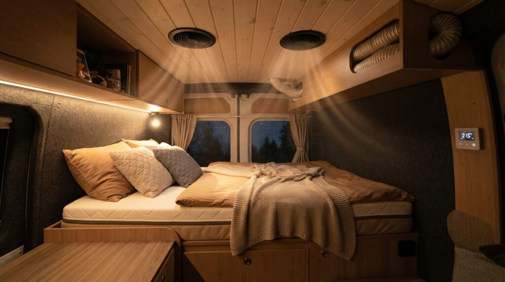Interior shot of a campervan bedroom with evenly distributed