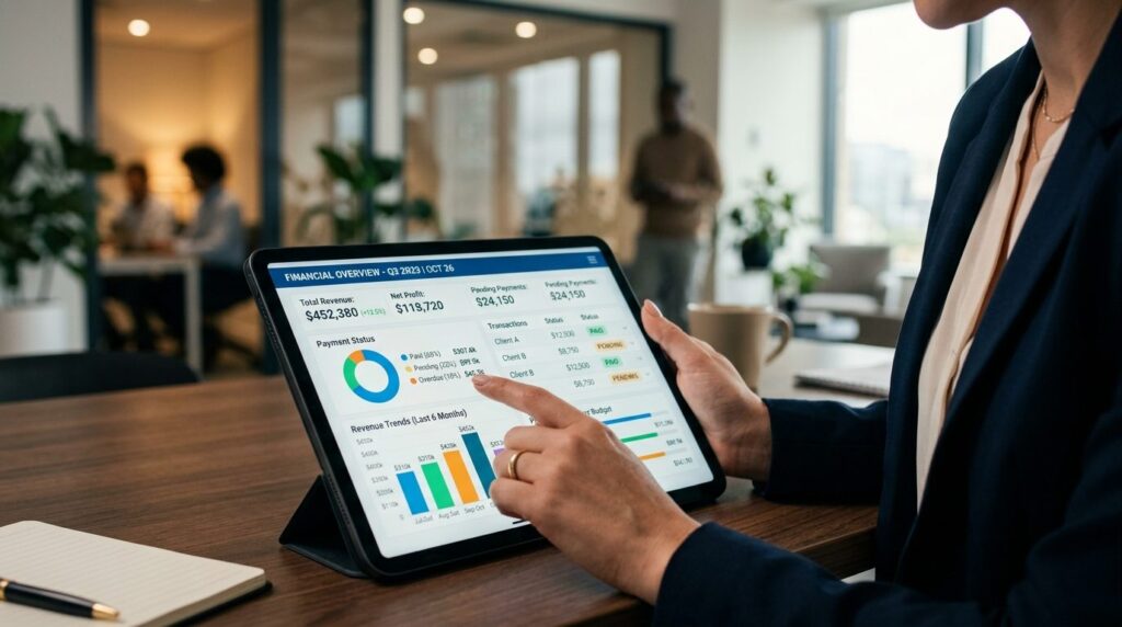 Close-up of a tablet screen displaying a digital dashboard w