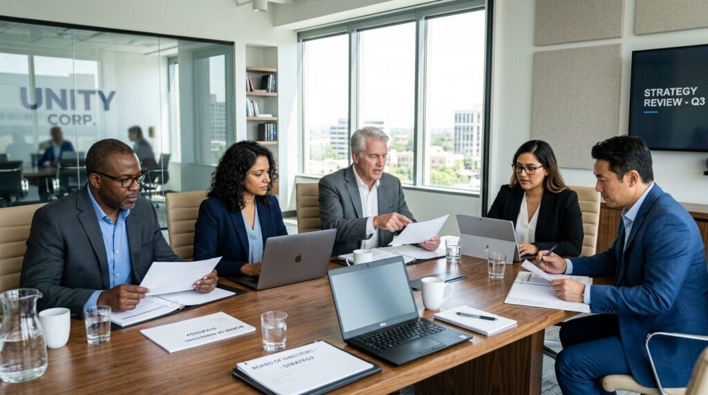 Group of five diverse board members sitting around a wooden