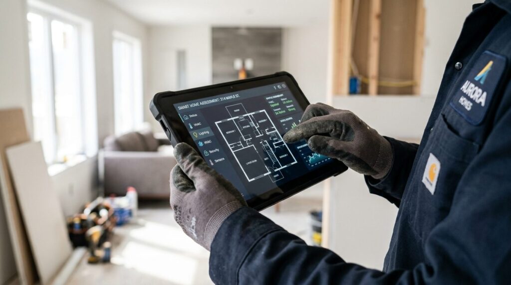 Close-up of hands holding tablet showing smart home technolo