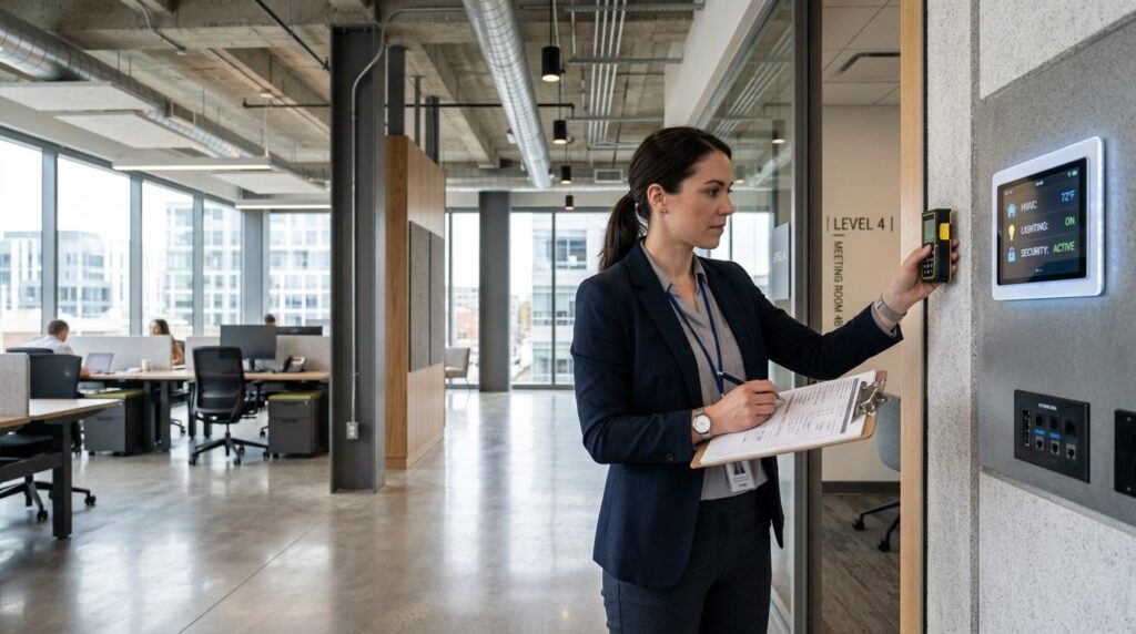 Business consultant examining commercial property with clipb