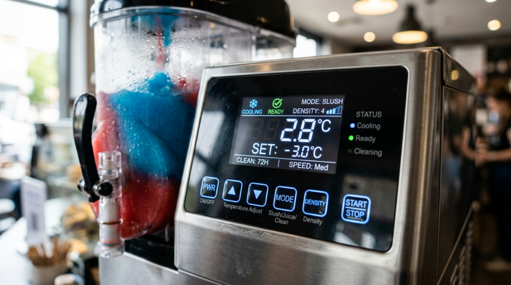 Close-up detailed shot of a compact slush ice machines digi