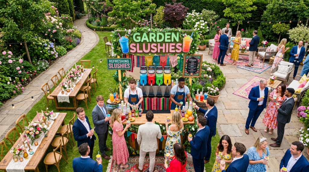 Overhead view of a garden party or outdoor event with a slus