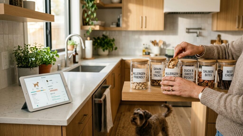 Womans hands selecting allergen-friendly dog treats from or