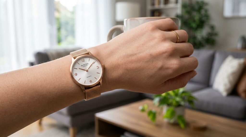 Close-up detailed shot of an elegant womens analog wristwat