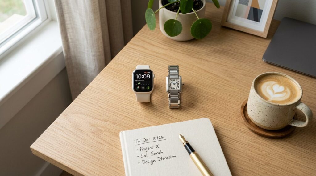 Flat lay overhead composition of a modern smartwatch and cla