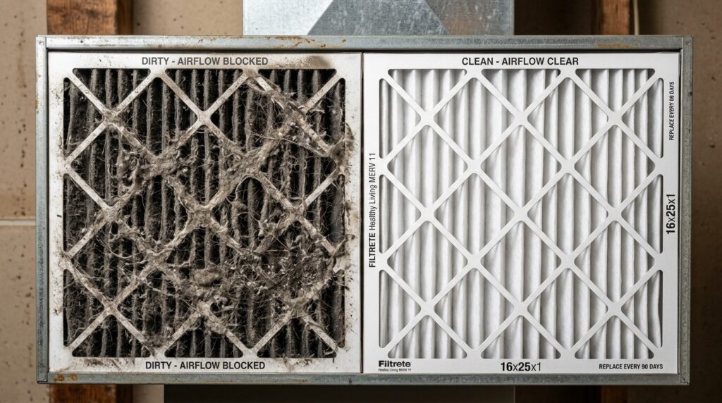 Close-up macro photography of a grimy ventilation filter ful